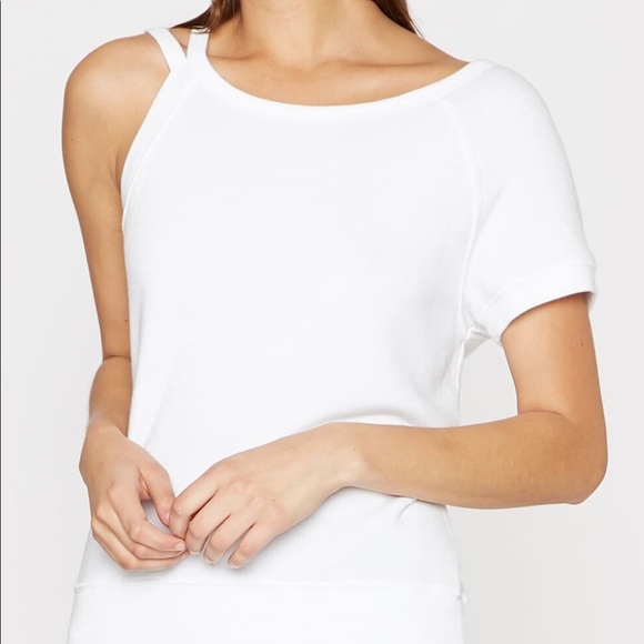 Pam & Gela, Strappy One Shoulder Short Sleeve Sweatshirt Top. White. Small - Picture 2 of 11